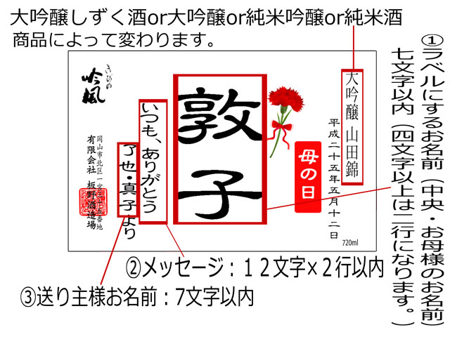 母の日・カーネーションの花束名前入れラベル日本酒ギフト　ラベル説明