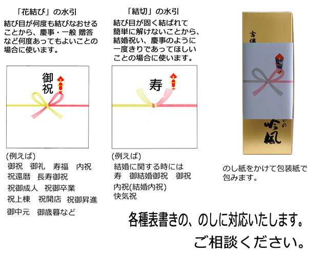 花束ラッピング・ラベル酒、熨斗説明